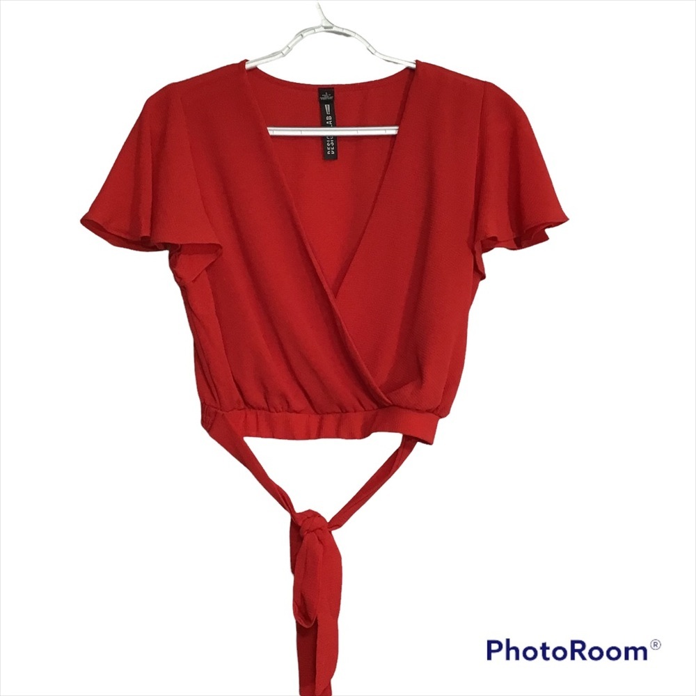 Design Lab Red Crop Top Flutter Sleeves Size S - image 1